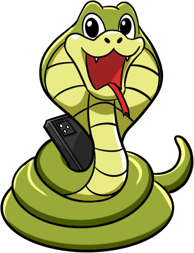 Cartoon snake with a light green body holds a mobile.