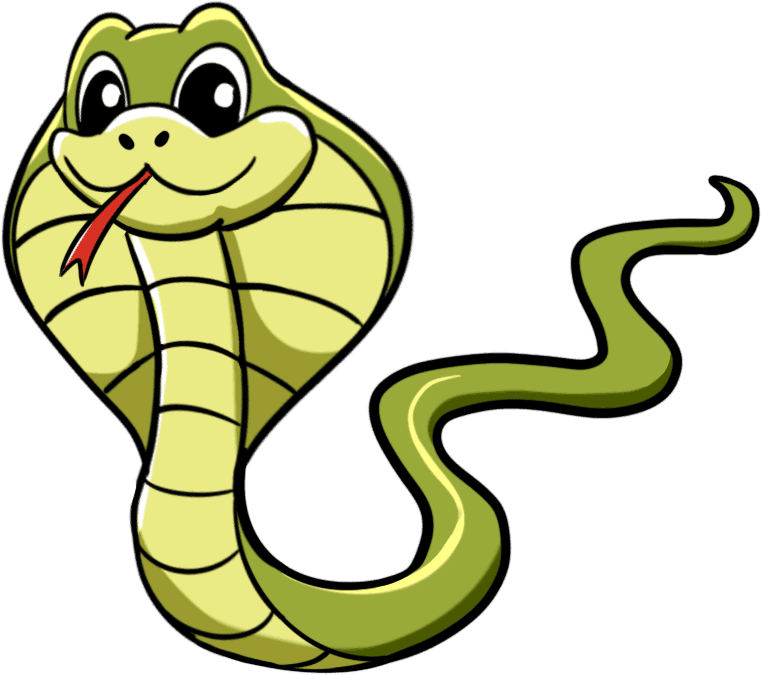 Cartoon cobra with a smiling face, big eyes, and a protruding red tongue, outlined in black. The snake is a vibrant green.